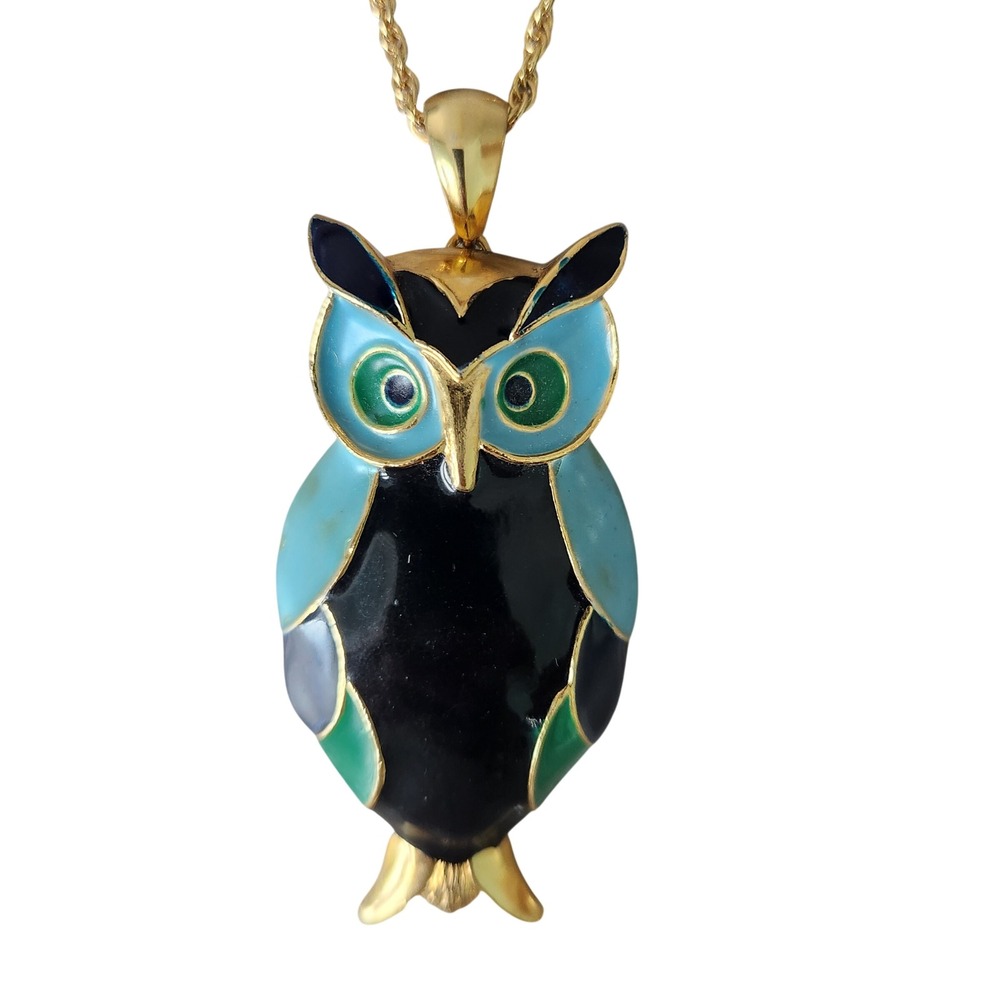 Owl Pendant Necklace Womens Gold Plated‎ Blue Turquoise Enamel Vintage Style
